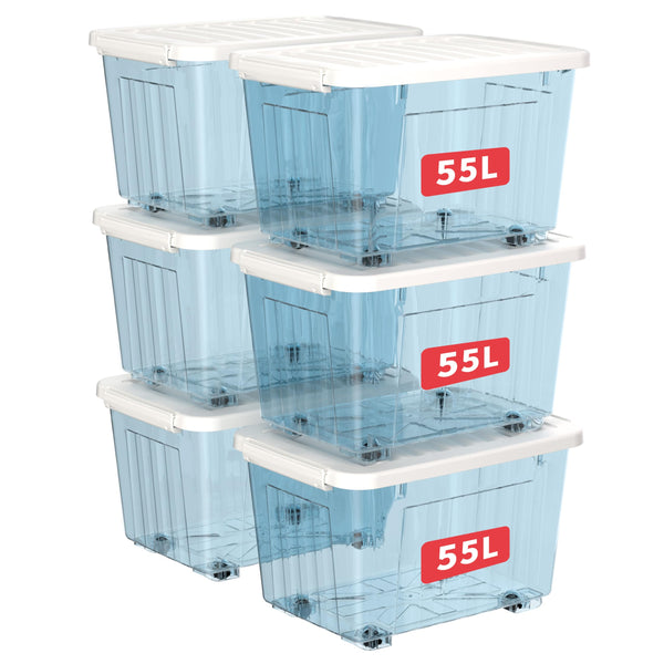 Cetomo 55L*6 Storage Boxes with Wheels, Plastic Storage Box with Lid, Latching Buckles, Click Closure, Stackable, Nesting, Durable Organizer for Home