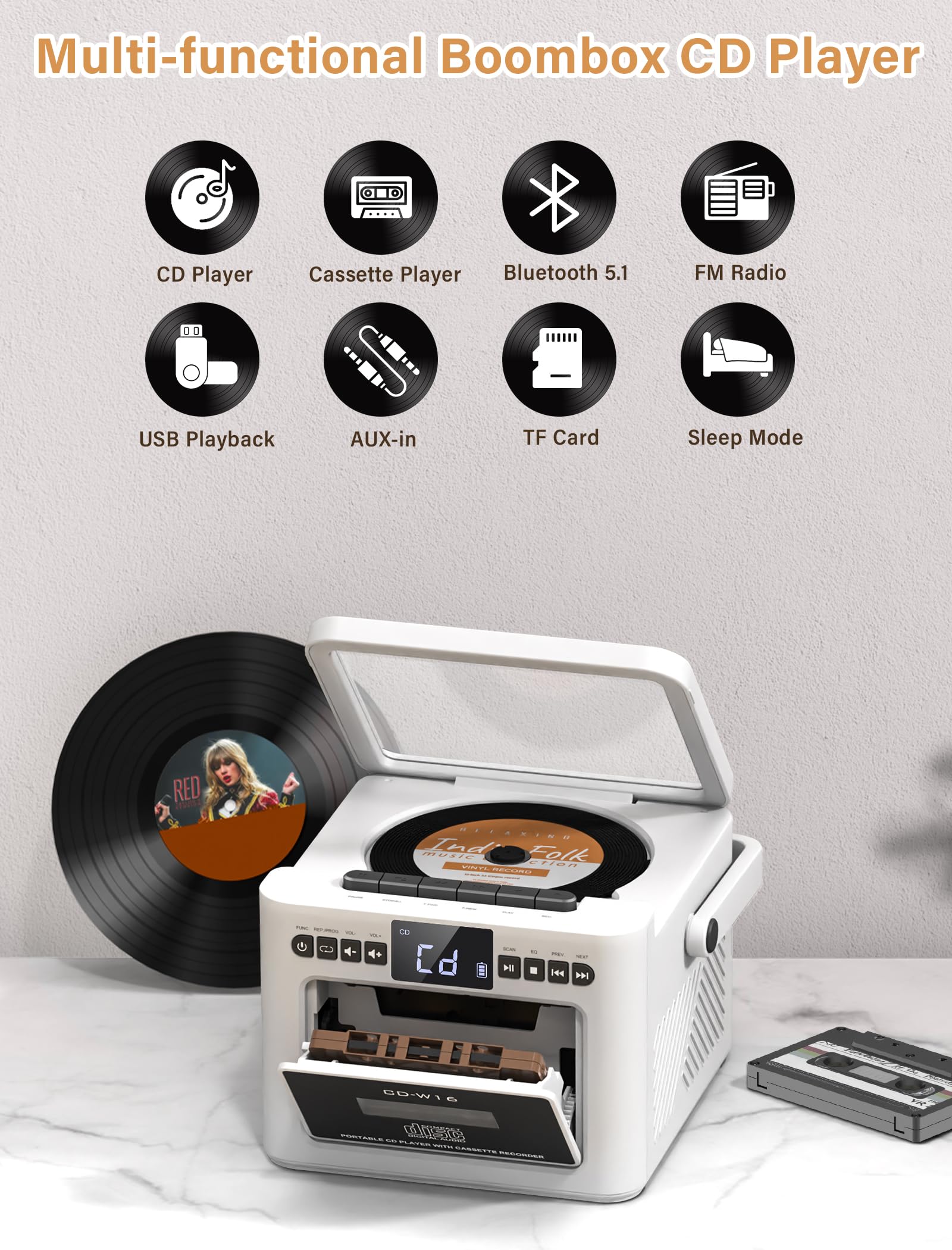 Boombox CD Player with Speakers, CD Cassette Player Combo with Bluetooth, Portable Radio CD Players for Home,5000mAh Rechargeable Battery,Remote control,StereoHifi System,Supports USB/AUX/Micro Card