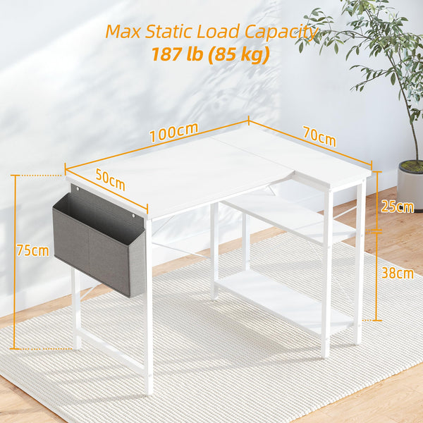 BEXEVUE L Shaped Gaming Desk, 100x70 cm Computer Desk with Storage Bag, Office Desk Small Writing Table with Large Reversible Storage Shelves, Workstation for Study Play Work Home Office, Black