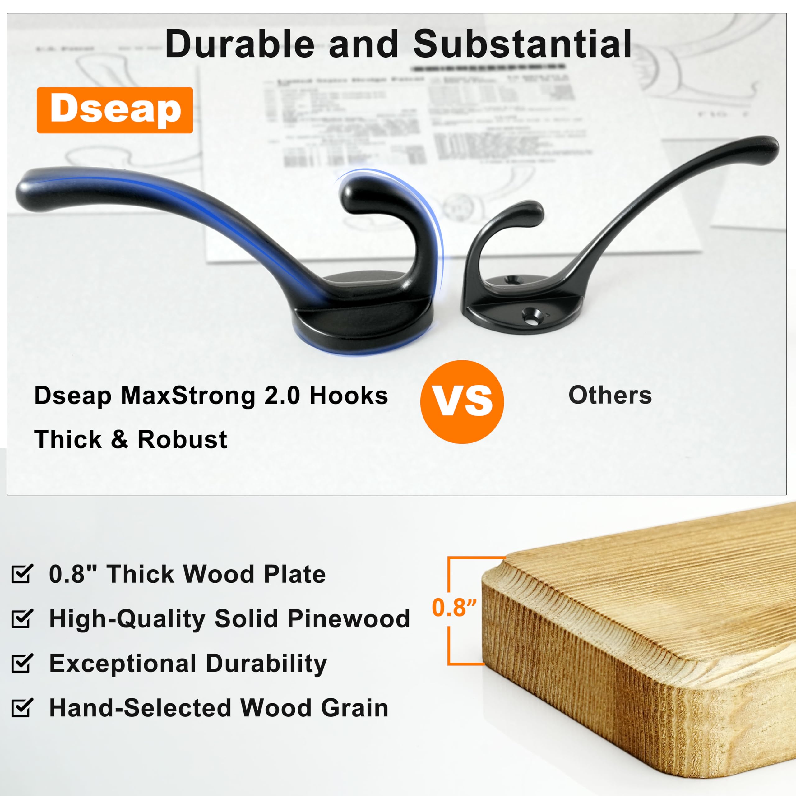 Dseap Coat Rack Wall: 97cm Long, Patented, Heavy-Duty, 10-Double-Hooks Wooden Wall Mounted Coat Rack Coat Hanger Hook Rail for Winter Coats Hat Jacket