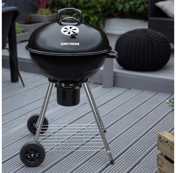 George Foreman Portable Charcoal BBQ Round Kettle 47.5 cm, Adjustable Vent, Integrated Thermometer, Charcoal Barbecue, Stand & 2 Wheels with Chrome Grill, GFKTBBQ, 60x51x90