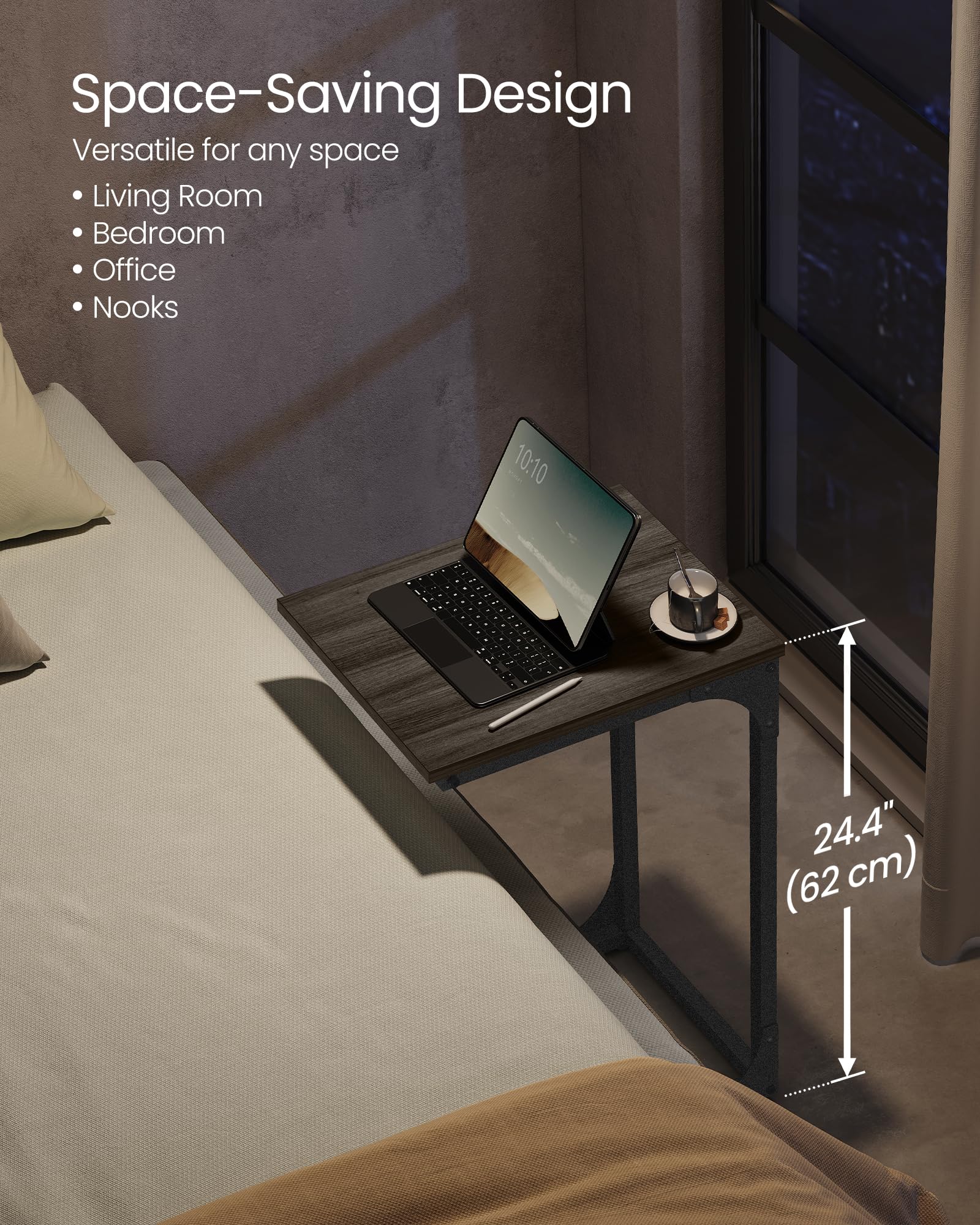 VASAGLE C-Shaped Side Table, Bedside Table, Sofa Side Table, Coffee Table, with Metal Frame, Industrial, for Living Room, Bedroom, Rustic Brown and Black LET350B01