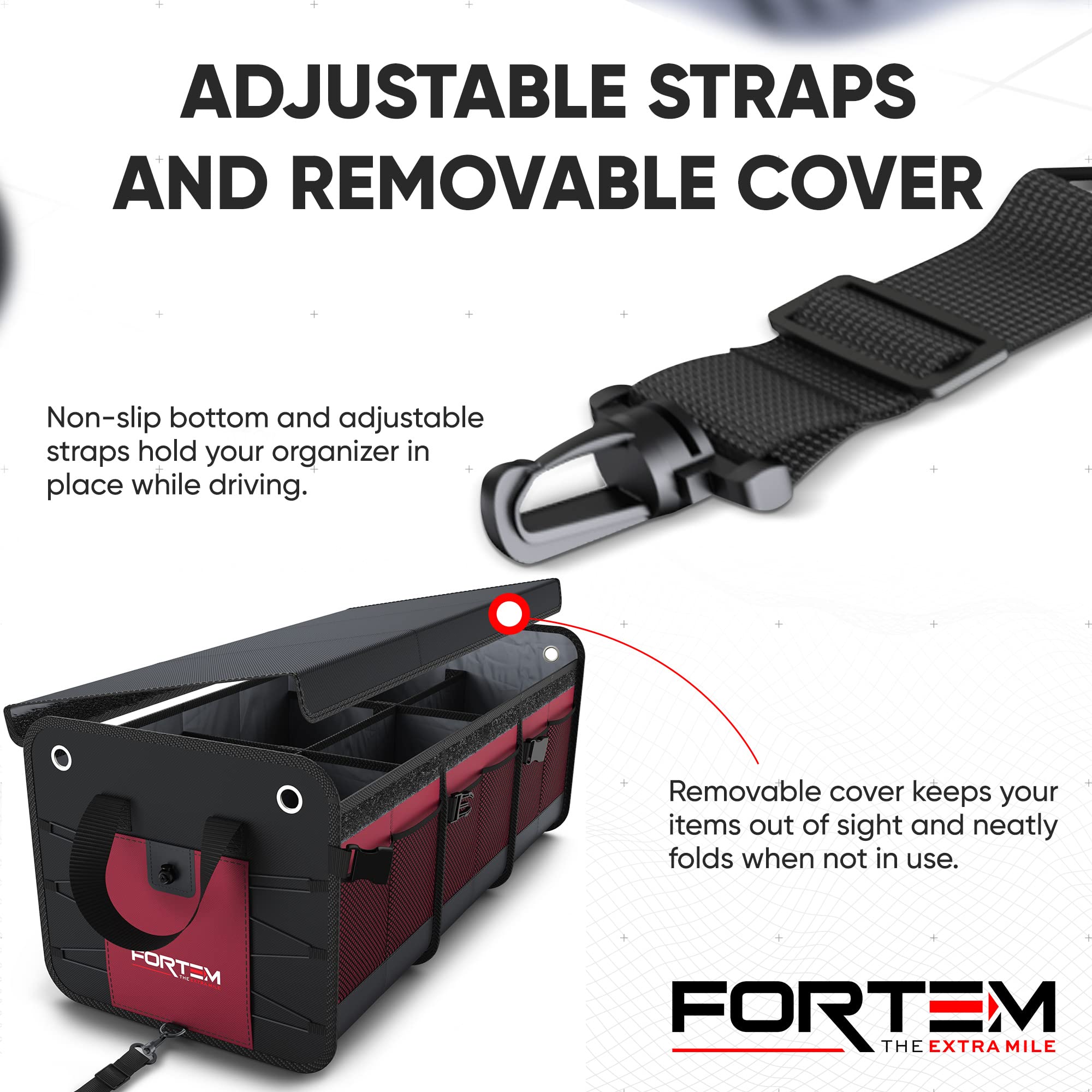 FORTEM Car Boot Organiser, SUV Boot Tidy, Trunk Storage, Collapsible Multi Compartment Car Organiser, Non Slip Bottom, Adjustable Securing Straps, Foldable Cover (65L)