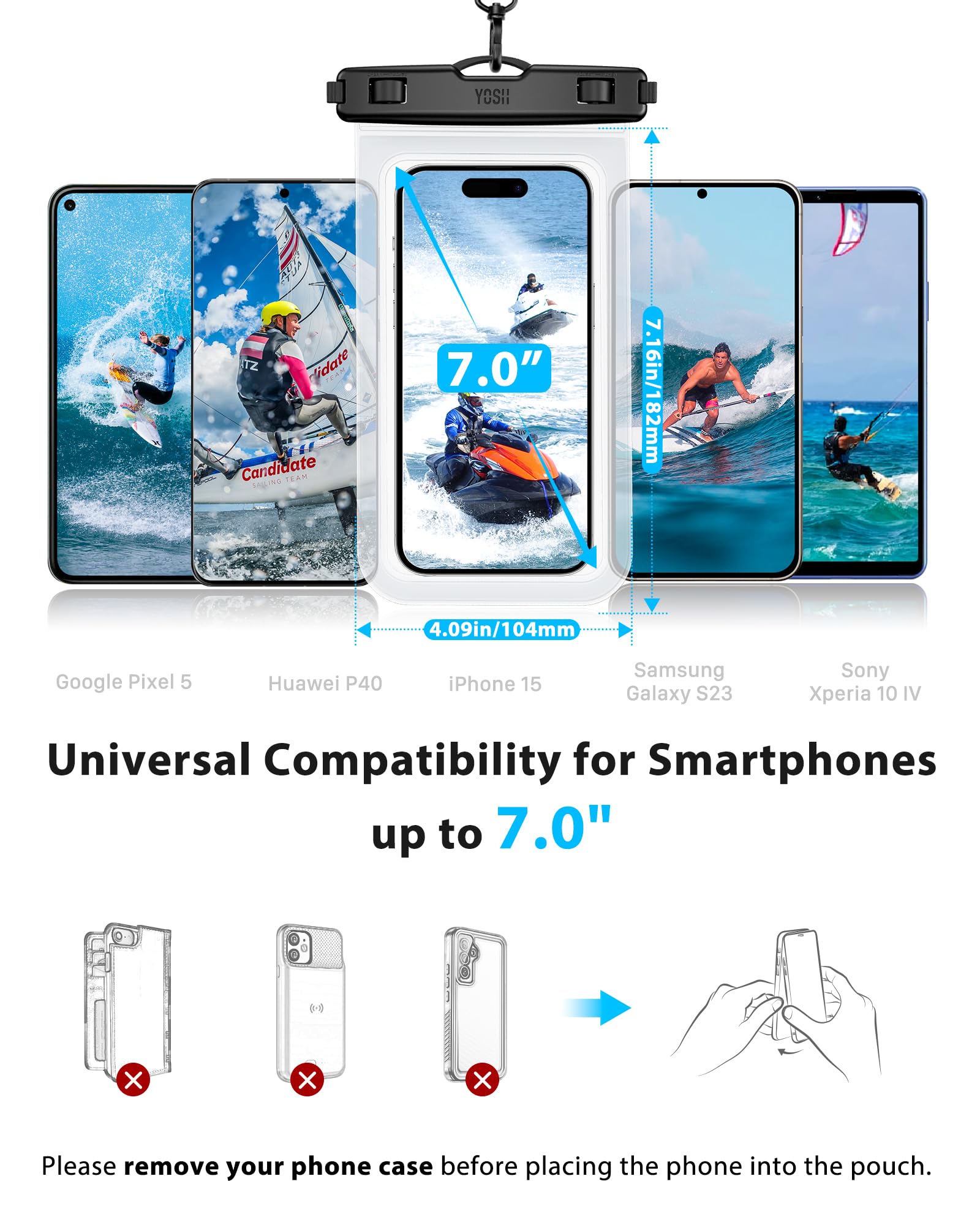 YOSH Waterproof Phone Pouch 2 Pack, 7 inch IPX8 Waterproof Phone Case for Swimming Travel Beach Trip Snorkelling Kayaking, Underwater iPhone Case for iPhone 16 15 14 Pro Max, Samsung S25 S24 Ultra