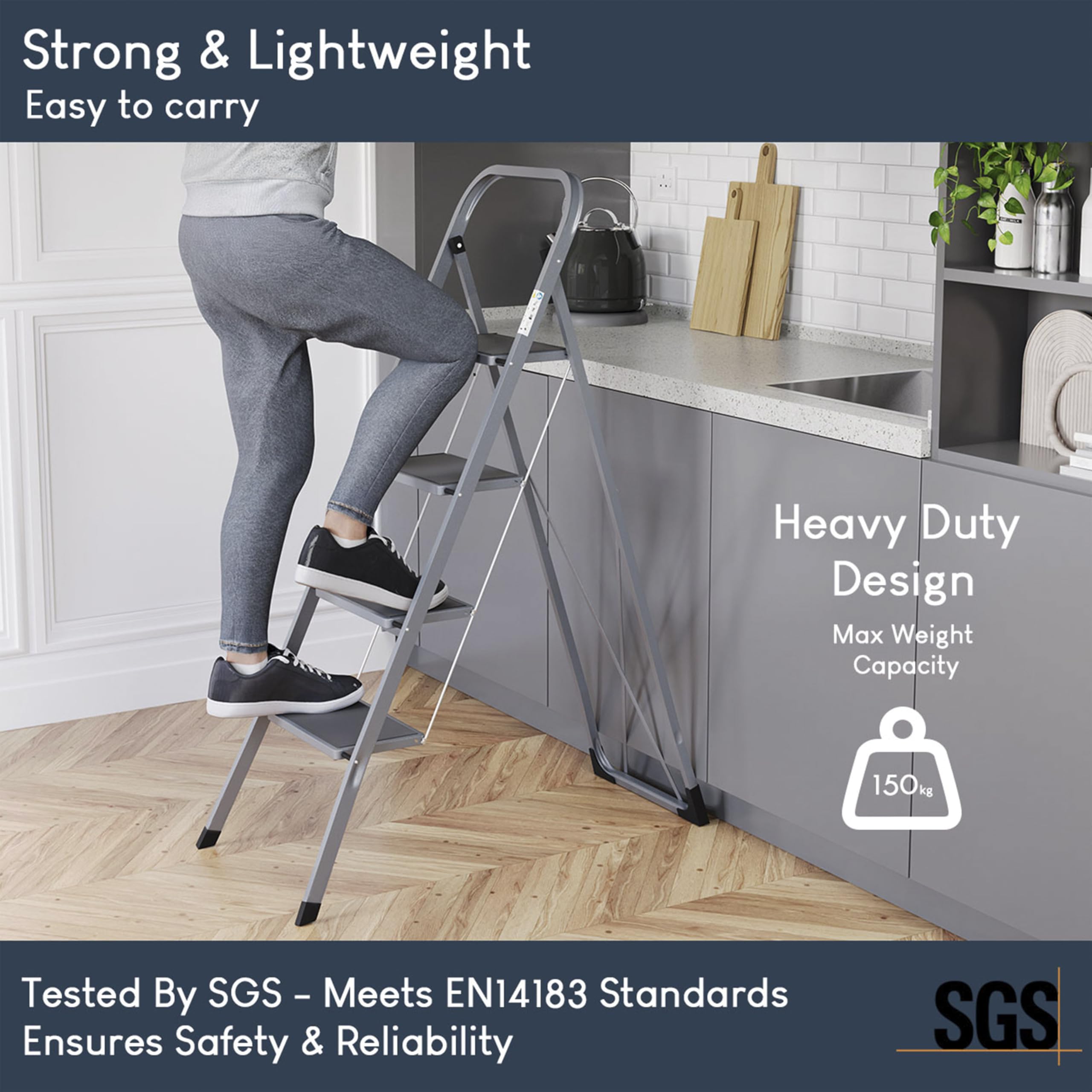 Home Vida 3 Step Ladder - Heavy Duty Steel Folding Ladder with Slip-Resistant and Wide Steps, Folding Mechanism, 150kg Max Load, Home/Kitchen/DIY/Garden Use, White