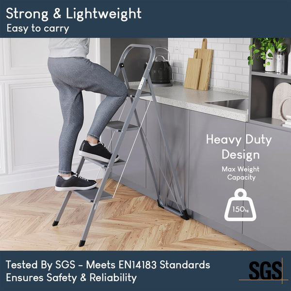 Home Vida 3 Step Ladder - Heavy Duty Steel Folding Ladder with Slip-Resistant and Wide Steps, Folding Mechanism, 150kg Max Load, Home/Kitchen/DIY/Garden Use, White