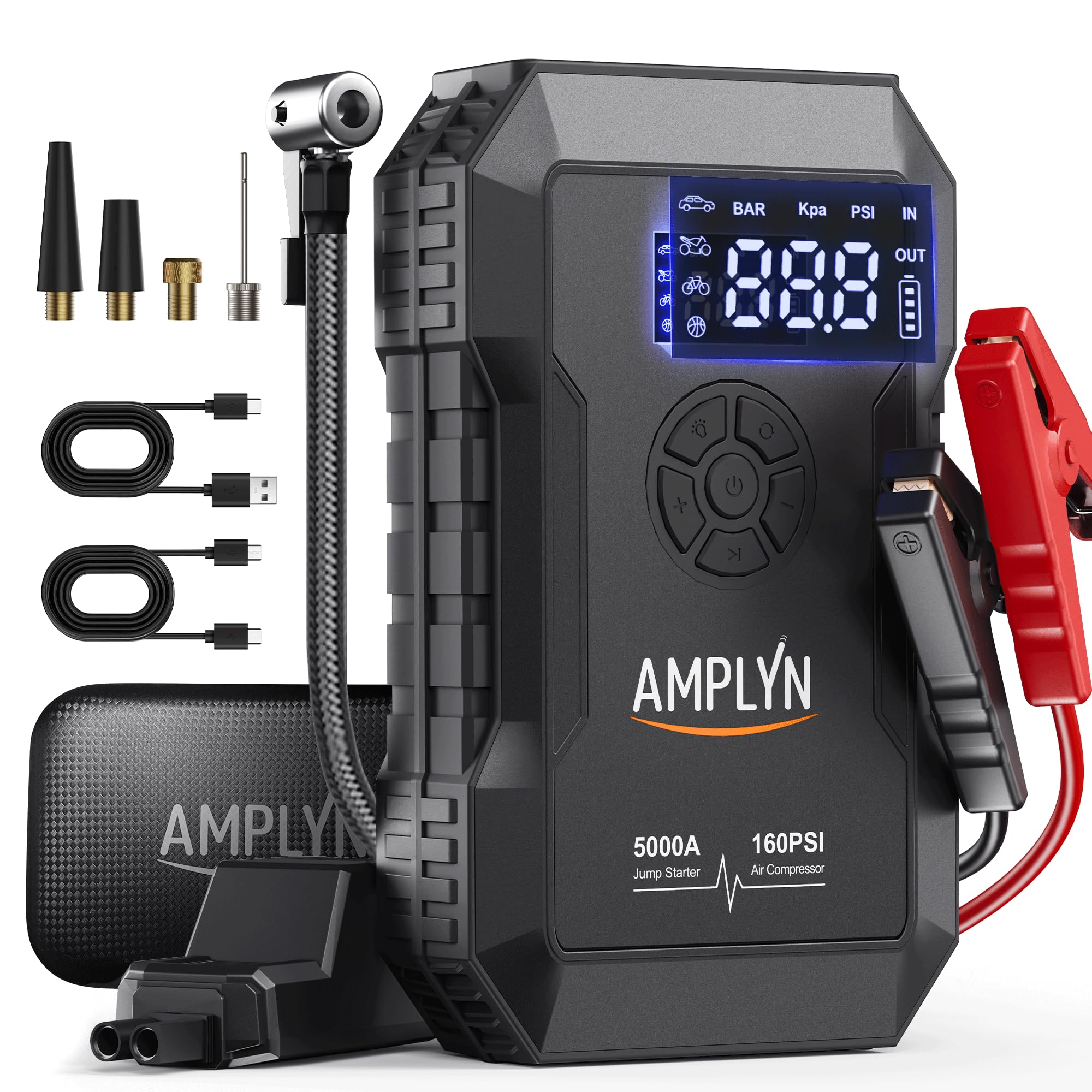 Car Jump Starter with Air Compressor 160PSI,5000A 60W Portable Jump Starter Power Pack (All Gas/10L Diesel),12V Starter Jump Box with Jumper Cables,Type C Fast Charging,3 Mode Light
