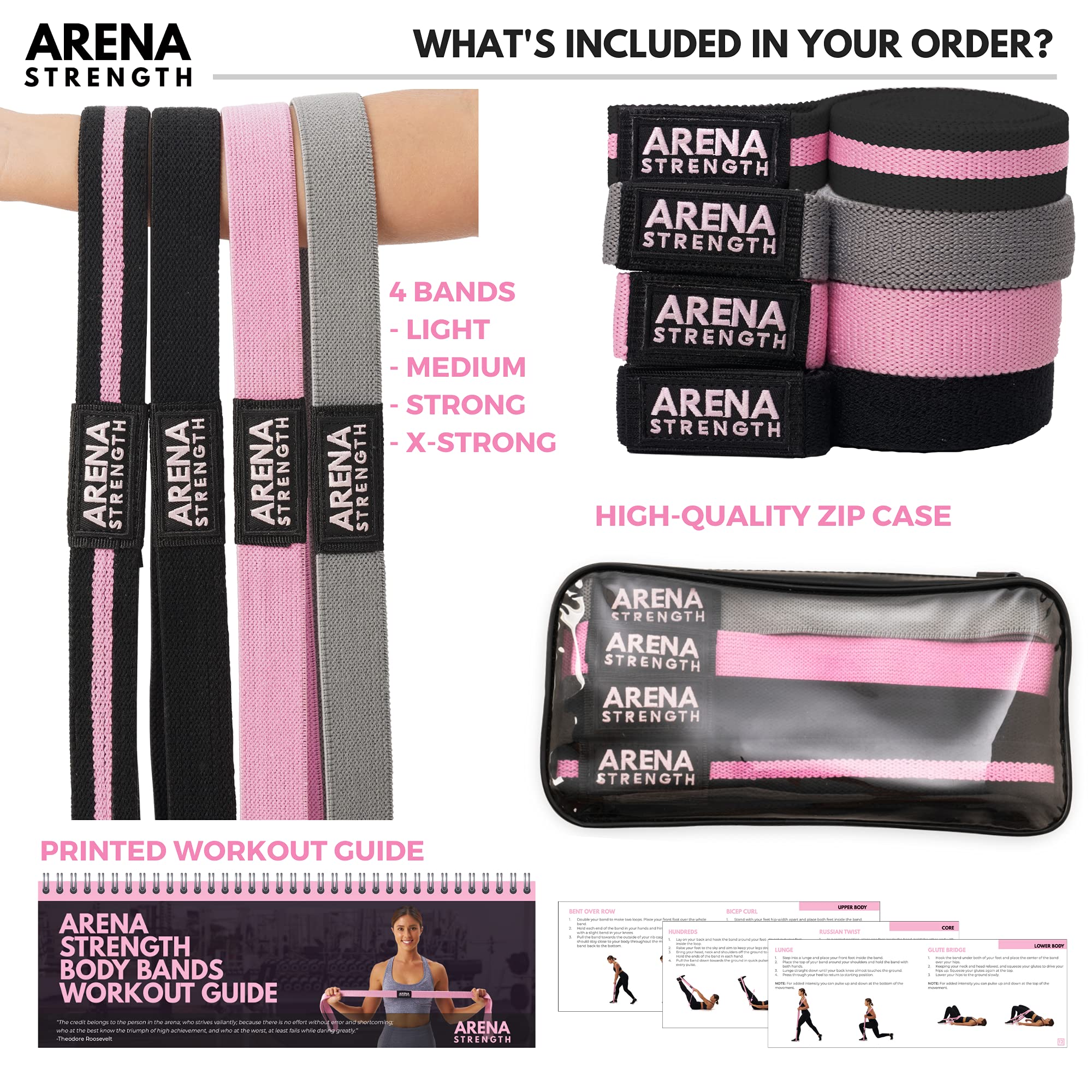 Arena Strength Long Fabric Resistance Bands Set with Workout Guide - Long Loop Resistance Band Set | Cloth Exercise Bands for Women | Pull Up Bands |