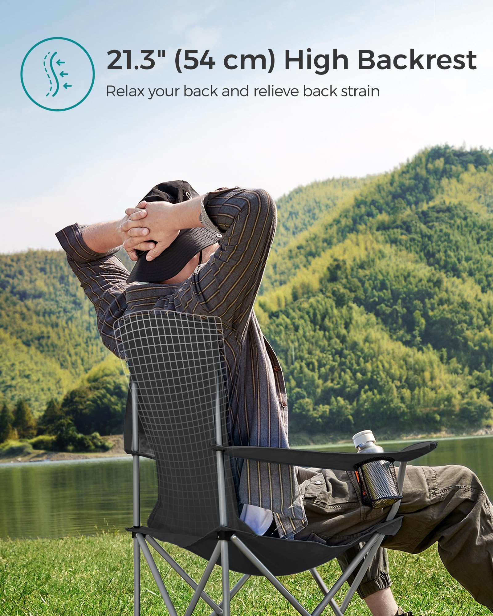 SONGMICS Set of 2 Folding Chairs, Camping Chairs, Comfortable Heavy Duty Structure, Max. Load 150 kg, with Drink Holder, Outdoor Chair