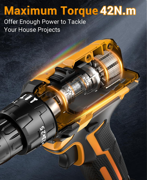 DYJPOW Brushless Cordless Hammer Drill Driver 21V, 2 Batteries 2000mAh, 20+3 Torque, 45N.m Max, 14PCS Drill Bits, 2 Speed, LED Light for Home, Garden DIY