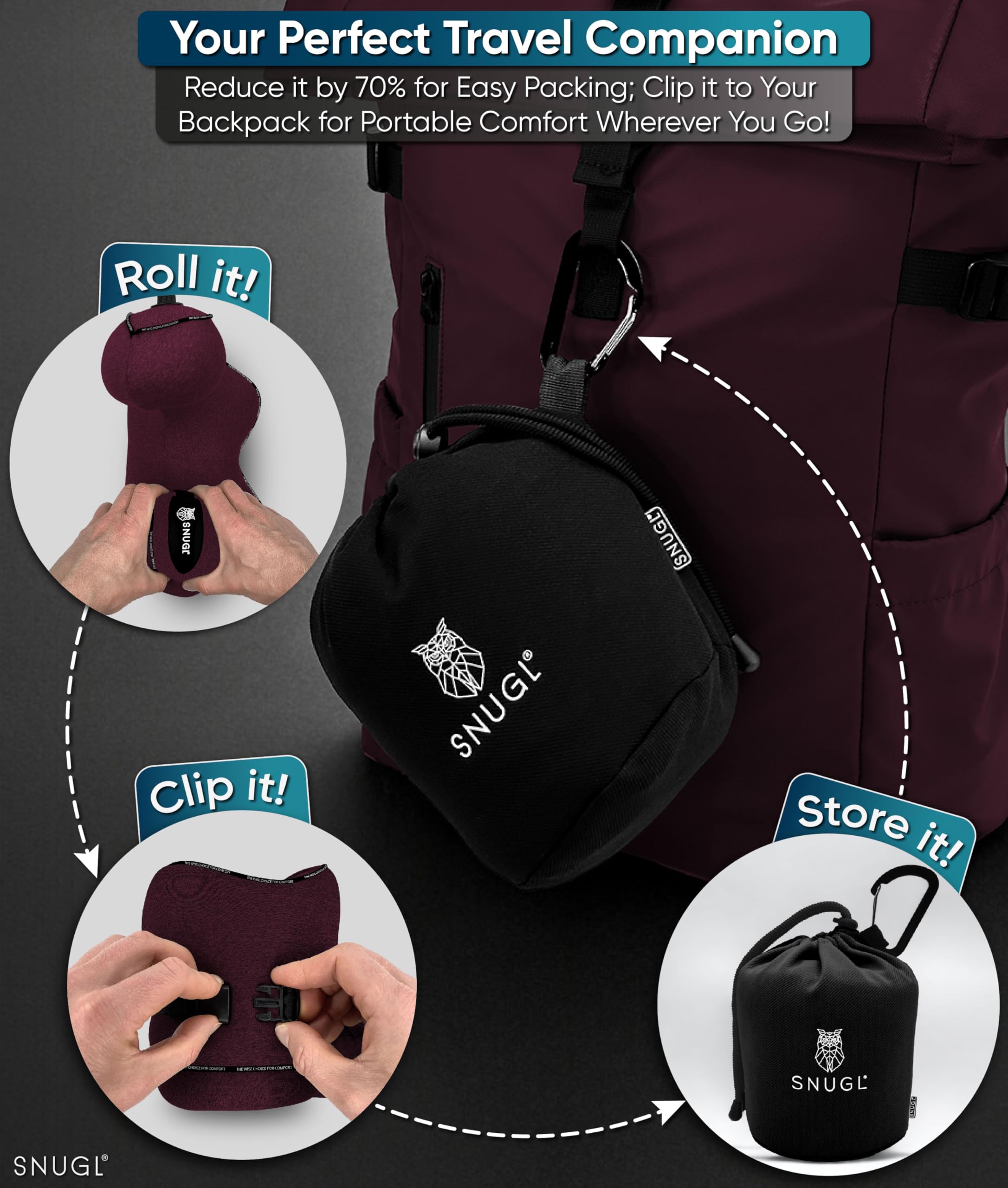 SNUGL Travel Pillow – Memory Foam Neck Pillow for Travel – Support Cushion for Airplane with Carry Bag & Clip - Holiday Essentials (Black - Adult Regular)