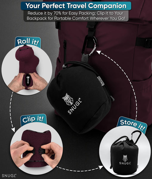 SNUGL Travel Pillow – Memory Foam Neck Pillow for Travel – Support Cushion for Airplane with Carry Bag & Clip - Holiday Essentials (Black - Adult Regular)
