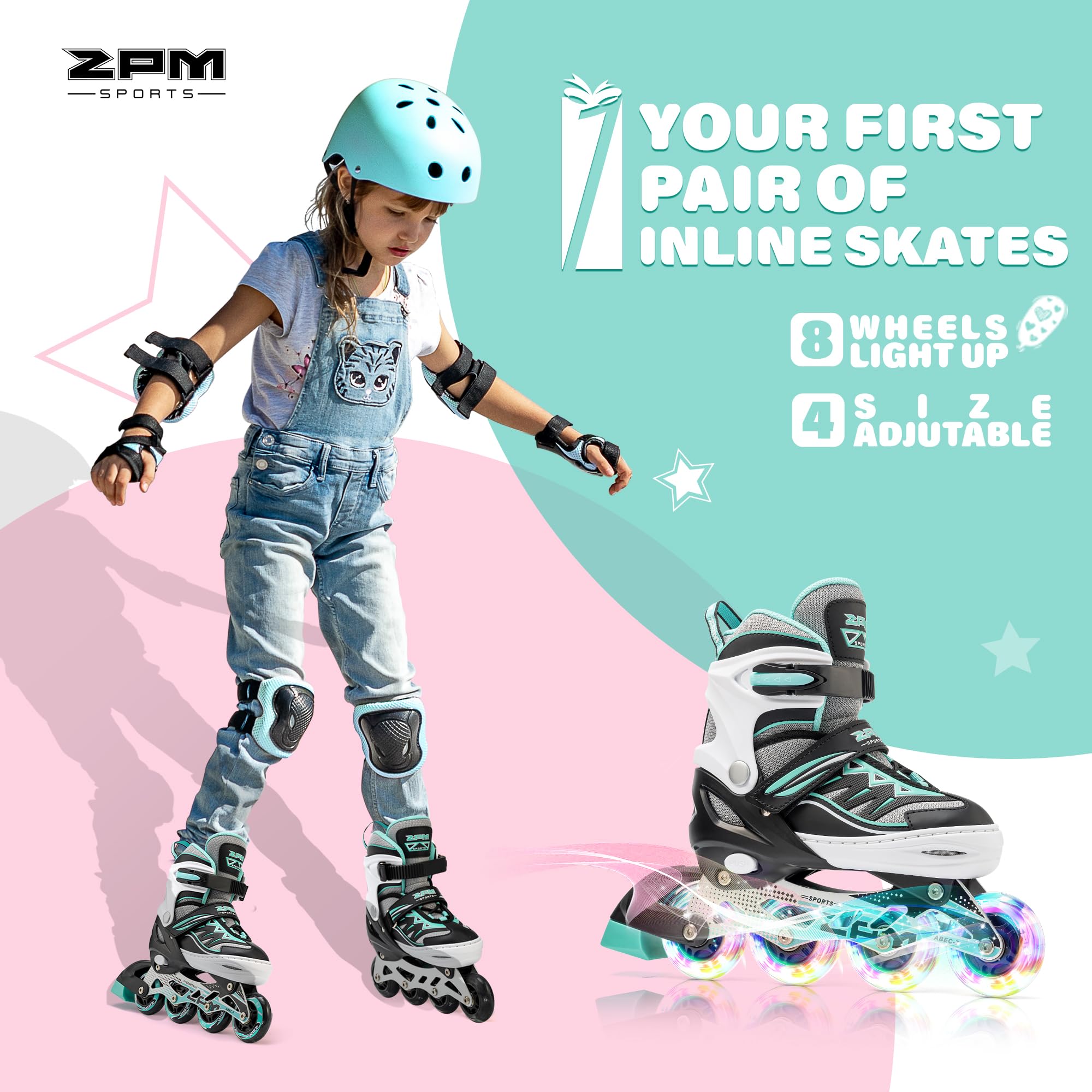 2pm Sports Adjustable Light up Inline Skates, Stylish Design Beginner Roller Skates for Boys and Girls - Mint Small