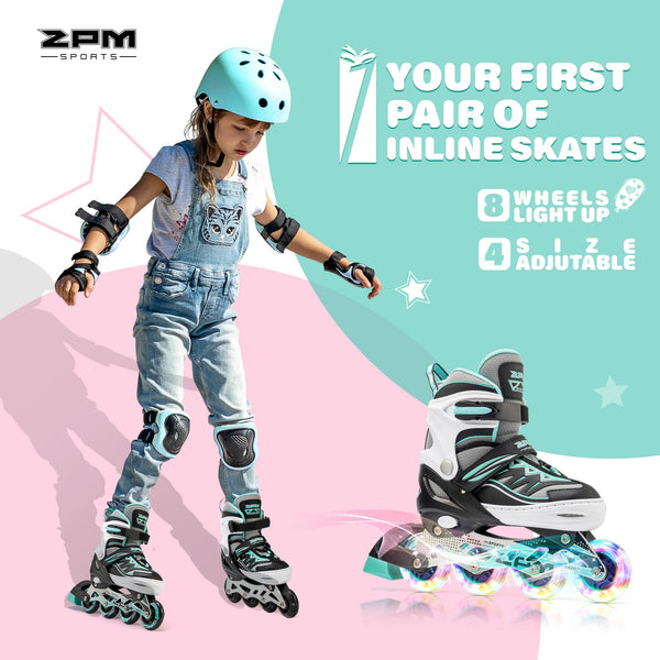 2pm Sports Adjustable Light up Inline Skates, Stylish Design Beginner Roller Skates for Boys and Girls - Mint Small