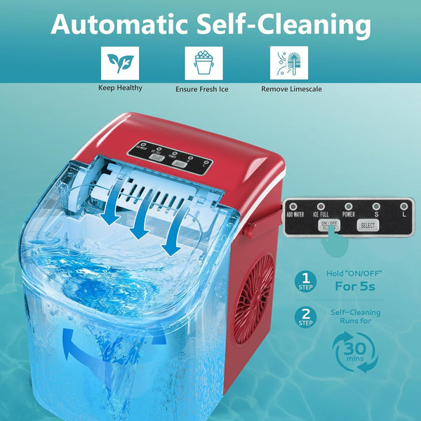Ice Maker Machine Countertop Ice Cube Maker with Portable Handle, 9 Ice Cubes in 6 Mins, Self-Cleaning Compact Ice Maker 12 kg in 24 Hrs, with Ice Scoop and Basket for Home/Kitchen/Office/Bar