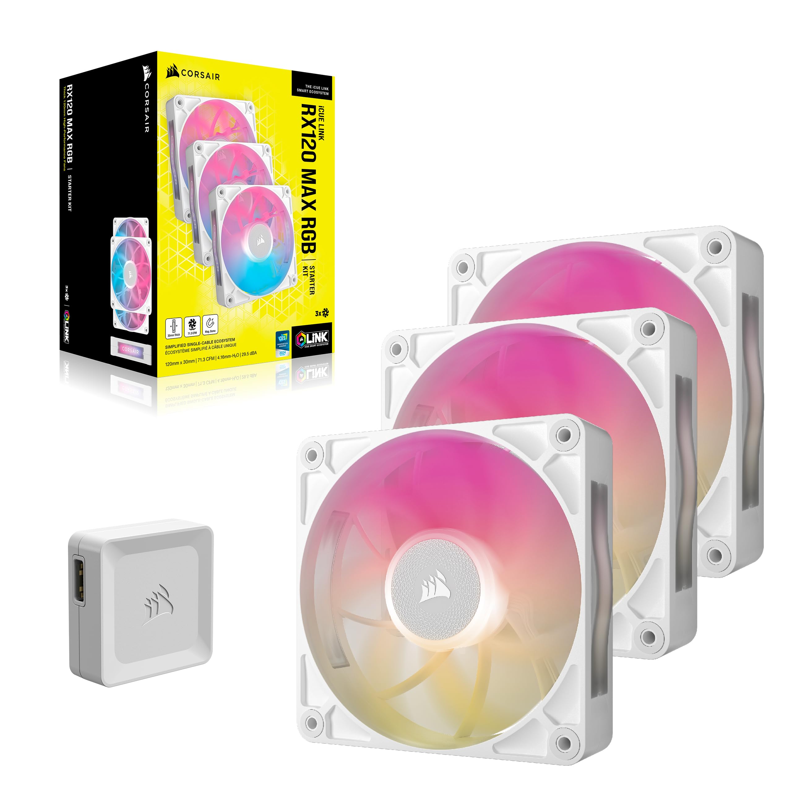CORSAIR iCUE LINK RX120 MAX RGB 120mm PWM Thick Fans with iCUE LINK System Hub – High-Static Pressure – Magnetic Dome Bearing – Triple Pack – White