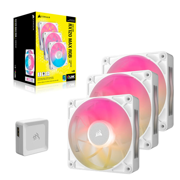 CORSAIR iCUE LINK RX120 MAX RGB 120mm PWM Thick Fans with iCUE LINK System Hub – High-Static Pressure – Magnetic Dome Bearing – Triple Pack – White