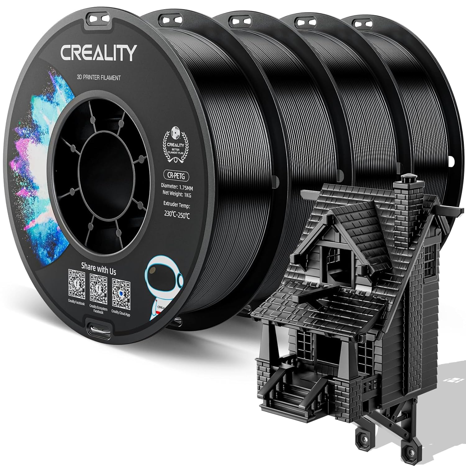 Creality CR-PETG PLA Filament 1.75mm 3D Printing Filament 4 KG, Excellent Toughness High Precision, Odorless Non-Toxic Moistureproof, 1kg(2.2lbs) Glossy for 3D Printer (Black+White+Red+Blue)*1KG