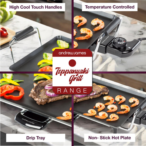 Andrew James Teppanyaki Grill Plate | XL Non-Stick Flat top Grill with Hot Plate | Teppanyaki Electric Griddle with 8 Wooden Spatulas and 2 Cooking