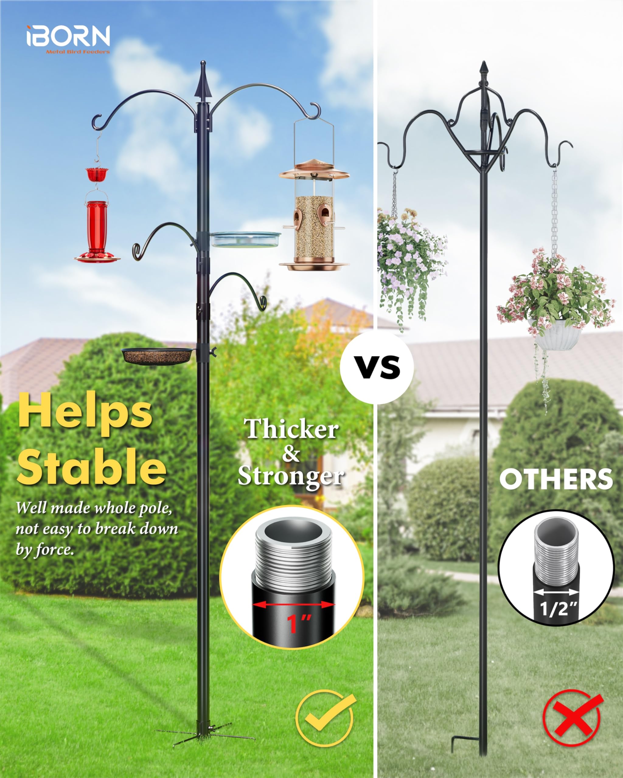 iBorn Bird Feeders Hanging Station 87Inch Wild Bird Feeding Station Pole Stand Outdoors Heavy Duty,2 Fixed & 2 Adjustable Hooks & 2 Trays, 5-Prong