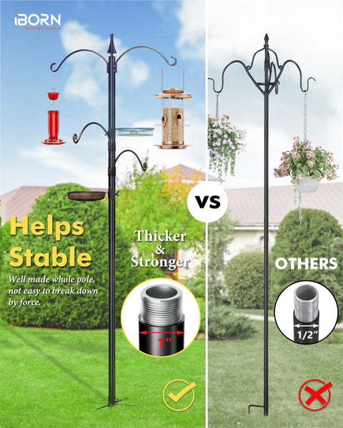 iBorn Bird Feeders Hanging Station 87Inch Wild Bird Feeding Station Pole Stand Outdoors Heavy Duty,2 Fixed & 2 Adjustable Hooks & 2 Trays, 5-Prong