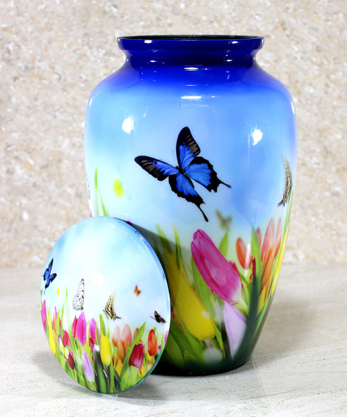 ESPLANADE Metal Cremation Urn Memorial Jar Pot Container | Full Size Urn for Funeral Ashes Burial | Butterfly with Flowers Print | Blue - 10" Inches