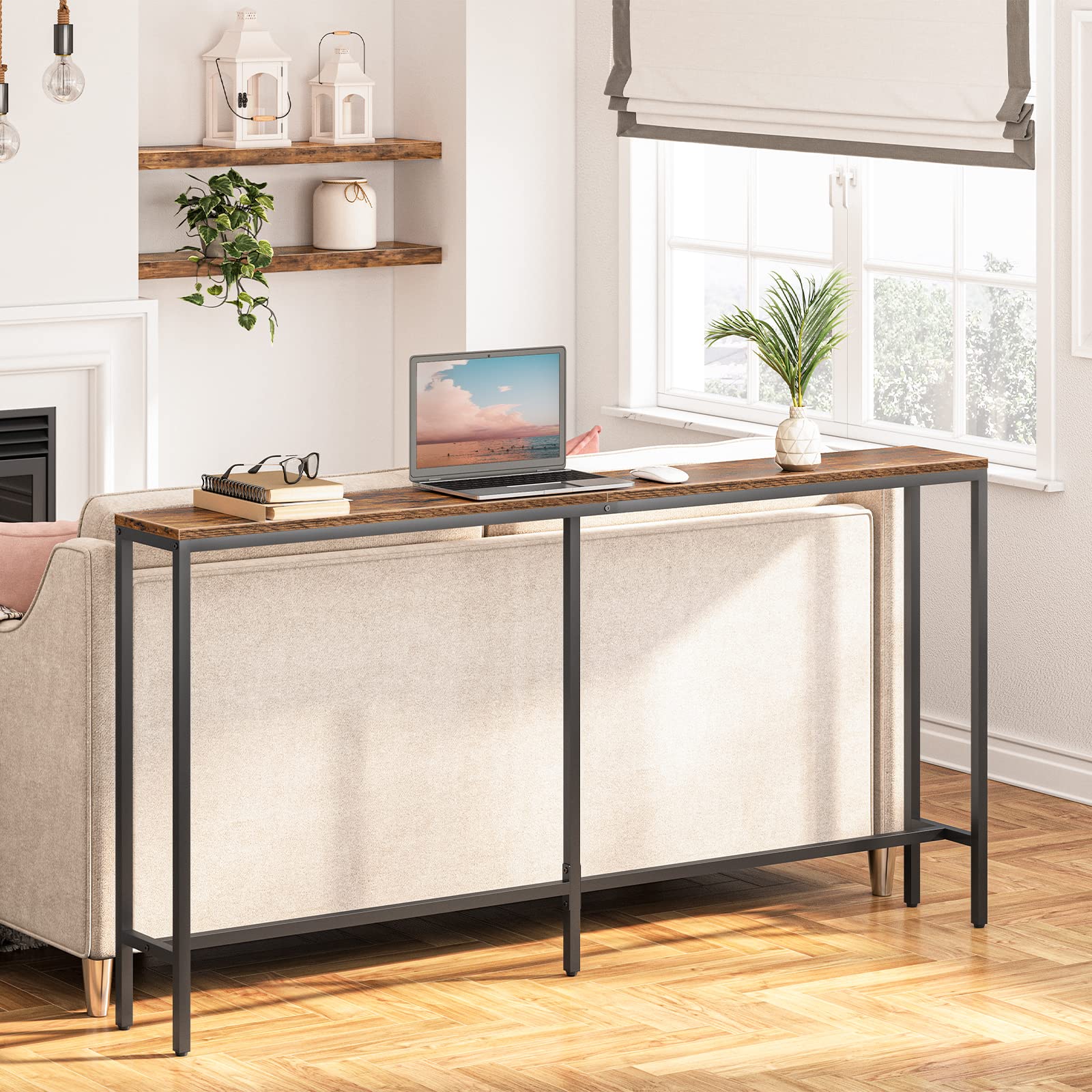 MAHANCRIS Console Table, 160 CM Narrow Long Sofa Table, Entryway Table, Industrial Sofa Table, Side Table, for Hallway, Living Room, Sturdy and