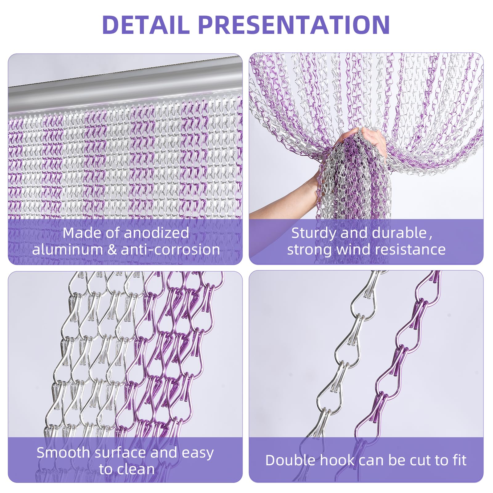 Gluwoer Aluminium Chain Curtain 100 x 210cm Metal Door Fly Screens Insect Control Curtain for Doorways (Silver & Purple)