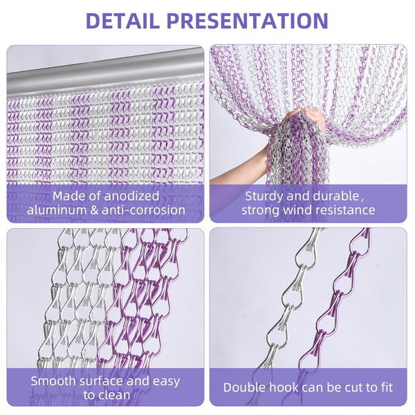 Gluwoer Aluminium Chain Curtain 100 x 210cm Metal Door Fly Screens Insect Control Curtain for Doorways (Silver & Purple)