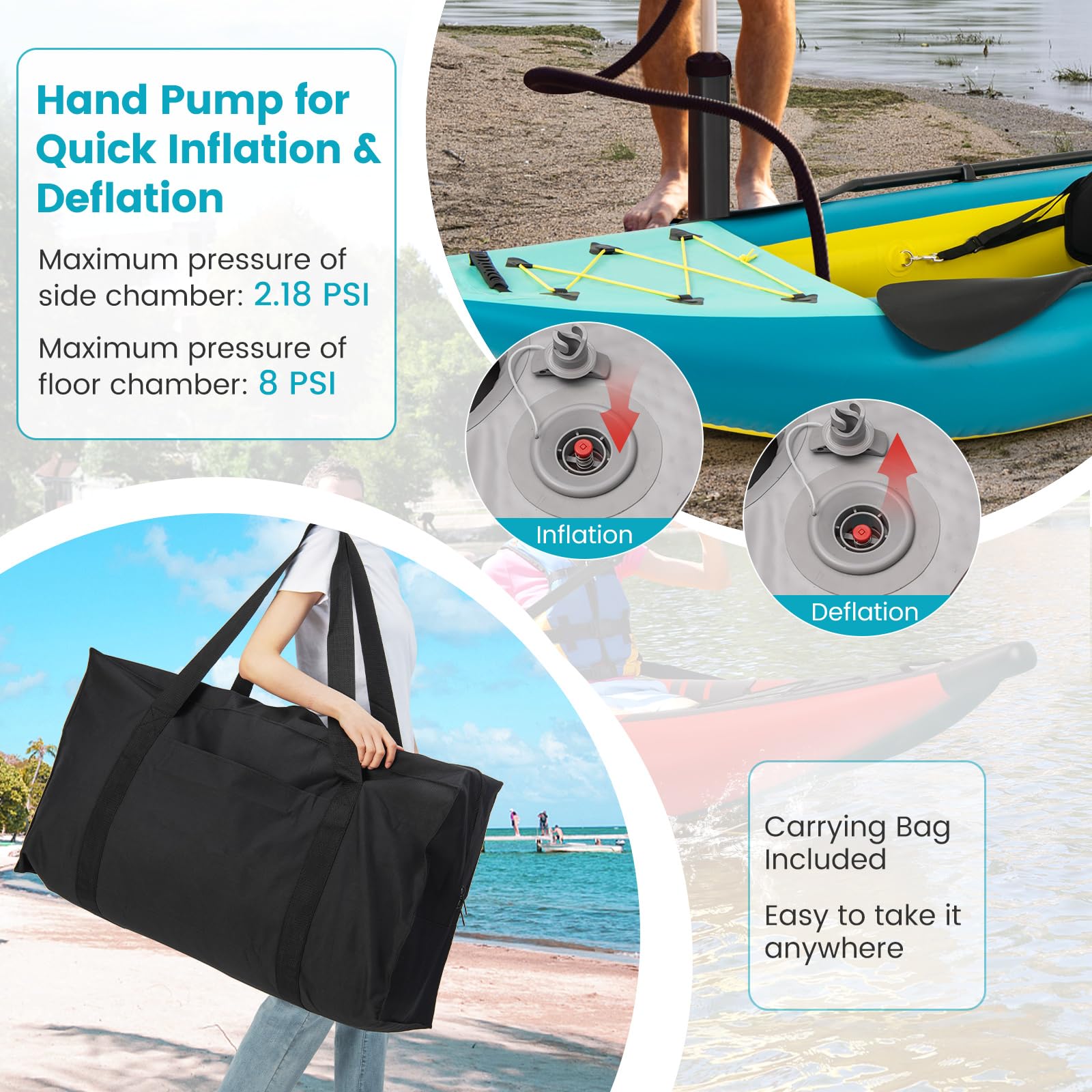 GYMAX Inflatable Kayak Set, 2-Person Inflatable Boat with Aluminum Oars, EVA Padded Seat, Fins, Hand Pump, Repair Kit and Carry Bag, Blow Up Canoe for Lakes, Rivers & Sea Shores