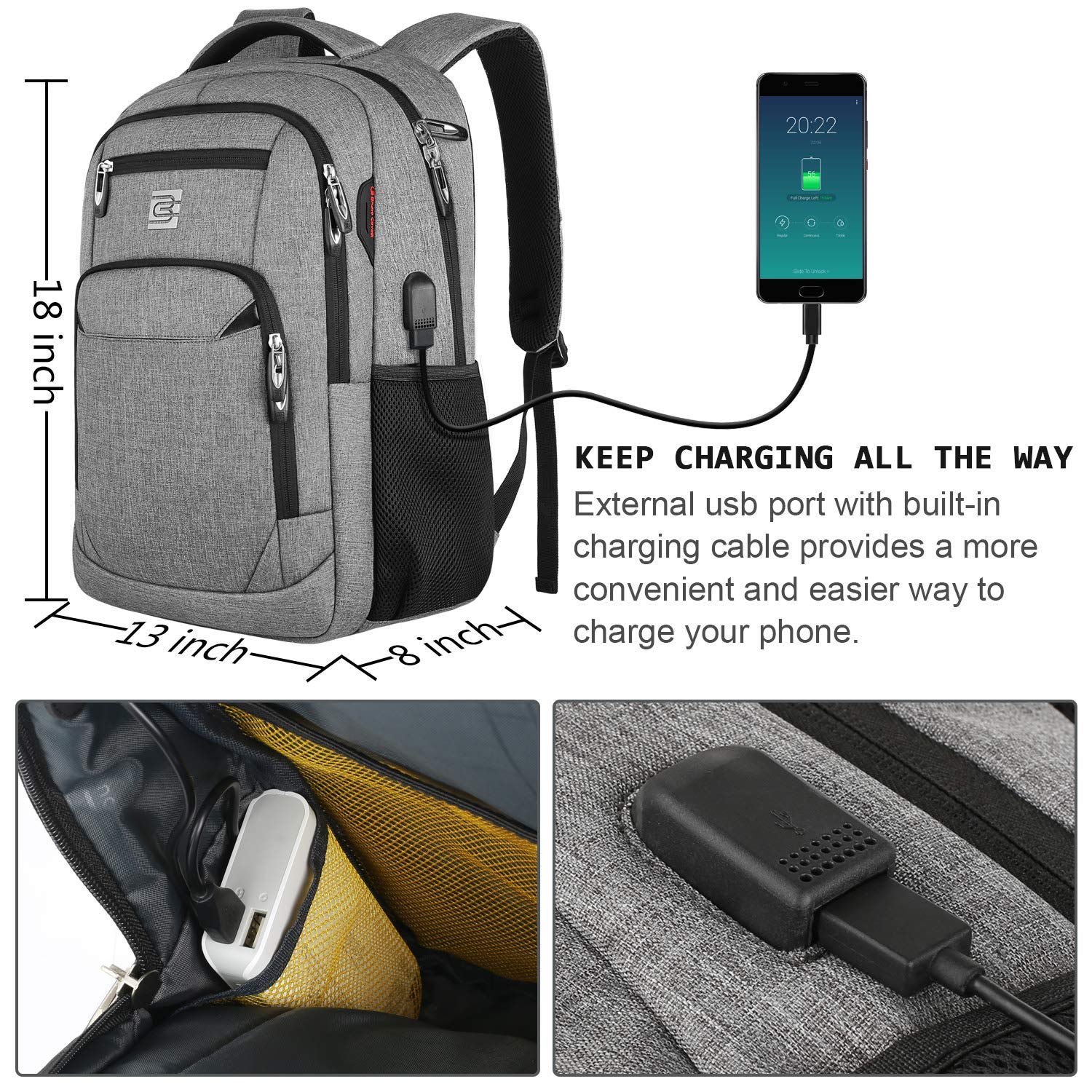 KASIBON Laptop Backpack with USB Charging&Headphone Port,Anti-Theft Business Laptop Backpack with Breathable Padded Shoulder Strap, Water Resistant Computer Rucksack