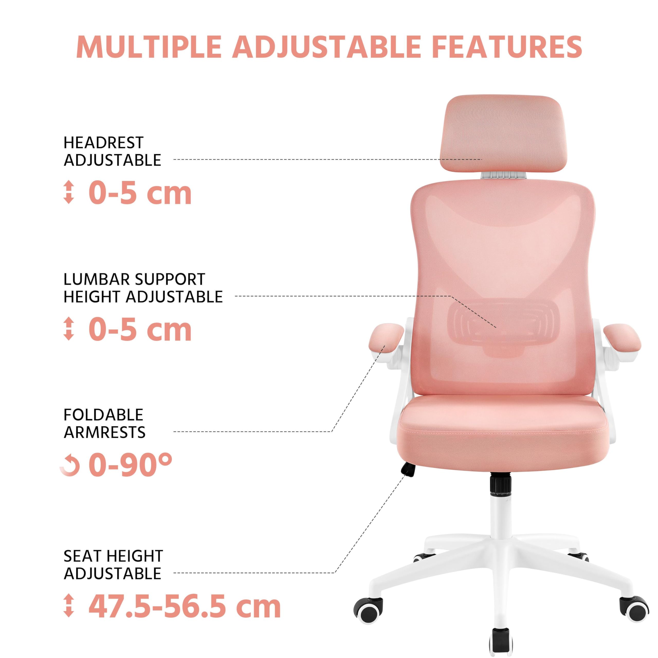 Yaheetech High Back Home Office Chair Ergonomic Swivel Desk Chair with Arms and Height Adjustable Back Support for Home Study or Manager Work White/Pink