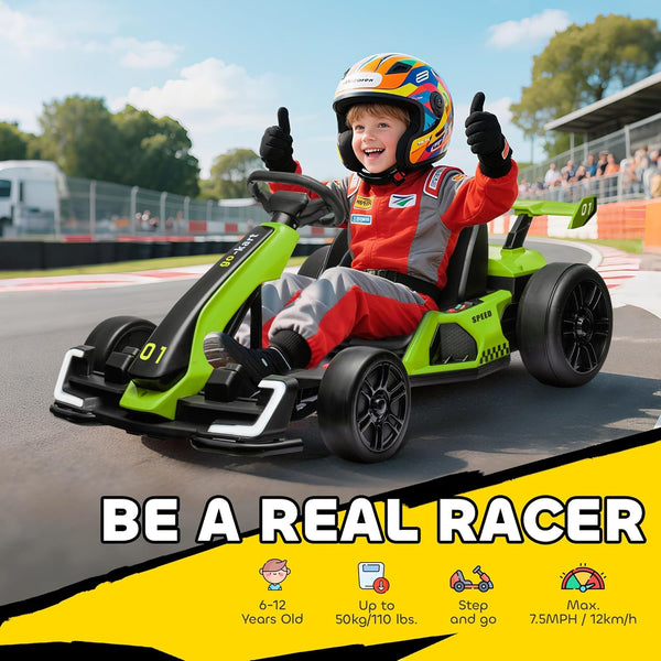 HOMCOM 24V Electric Go Kart for Kids, Ride On Racing Kart with Adjustable Seat, Battery Powered Drifting Ride On Car with Music, Light, Slow Start, Button Start, Horn, for 6-12 Years, Green