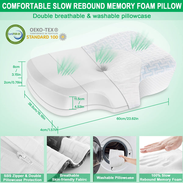 Elviros Cervical Memory Foam Neck Pillow for Side Sleeping, Orthopedic Pillows for Back and Stomach Sleepers, Adjustable Ergonomic Bed Pillow Pain Relief (White)