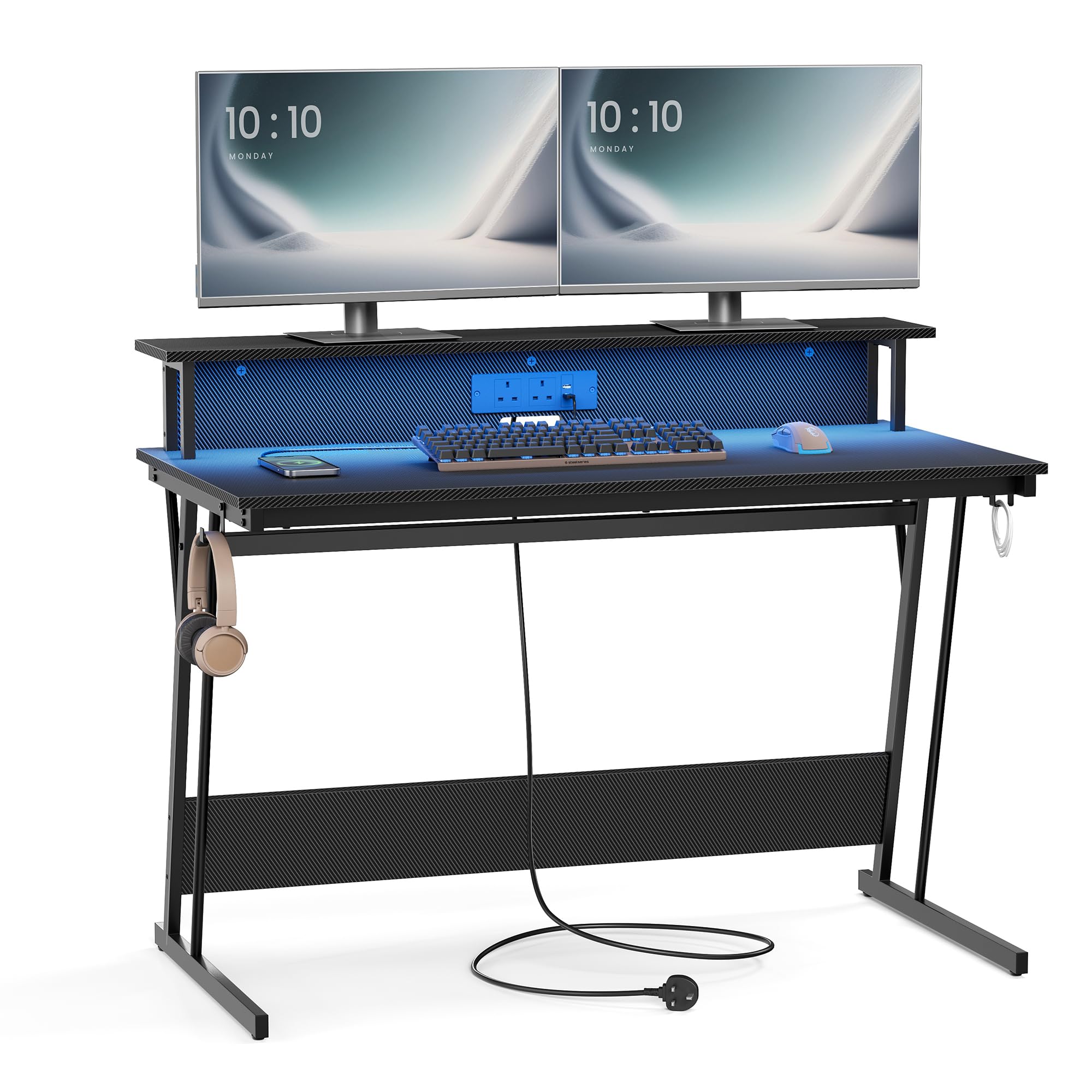 VASAGLE Gaming Desk with LED Lights and Built-In Power Outlets, Computer Desk with Monitor Shelf, Gaming Table for 2 Monitors, Office Desk, for Bedroom, 60 x 120 x 76 cm, Carbon Black LWD292B02