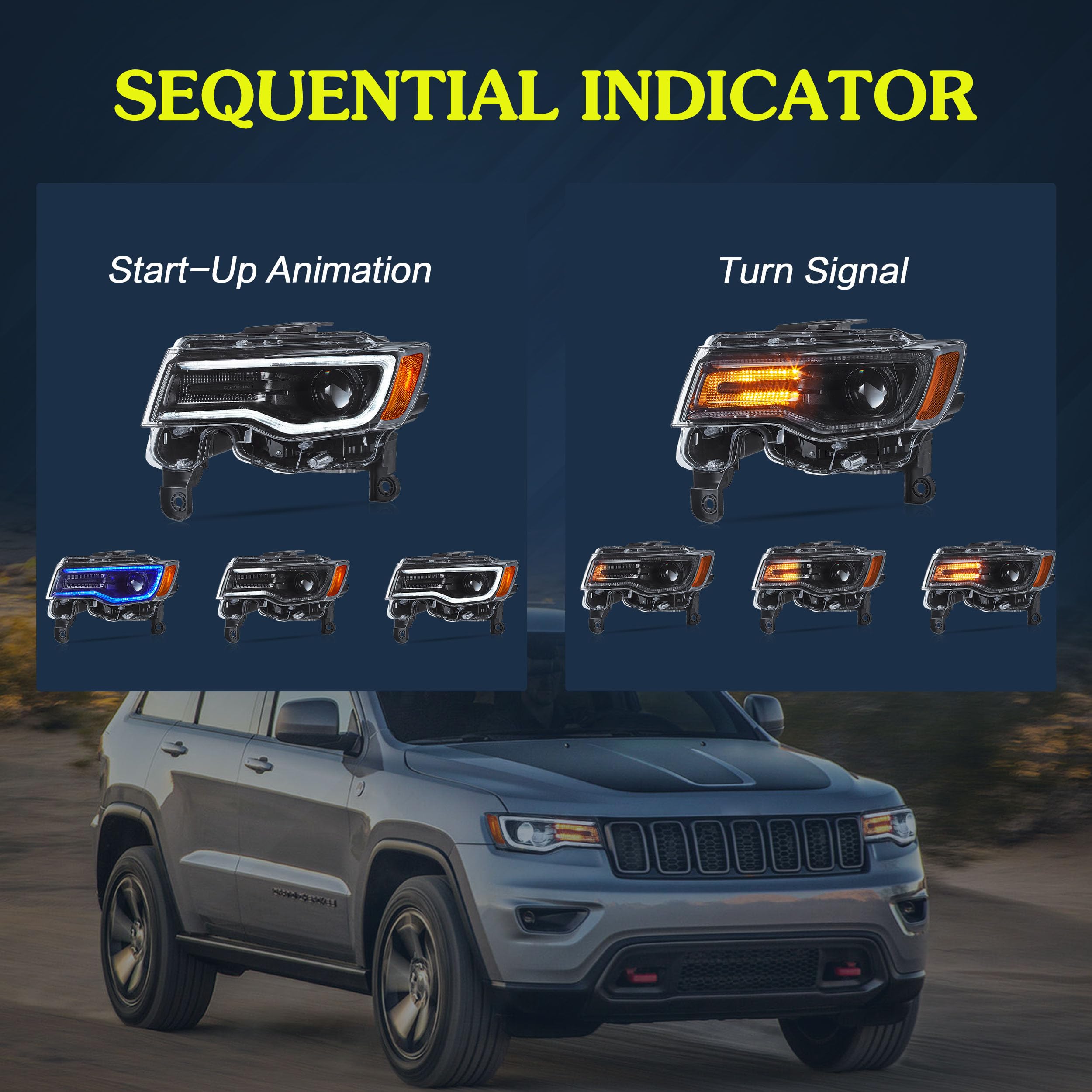 VLAND Headlights Compatible with Jeep Grand Cherokee 2014-2022, Front Light with Sequential Turn Signal and Blue Dynamic Startup DRL