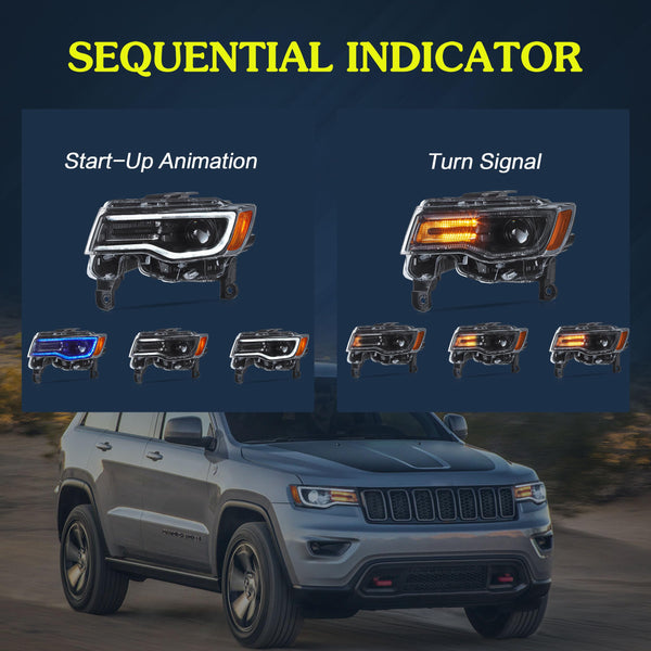 VLAND Headlights Compatible with Jeep Grand Cherokee 2014-2022, Front Light with Sequential Turn Signal and Blue Dynamic Startup DRL