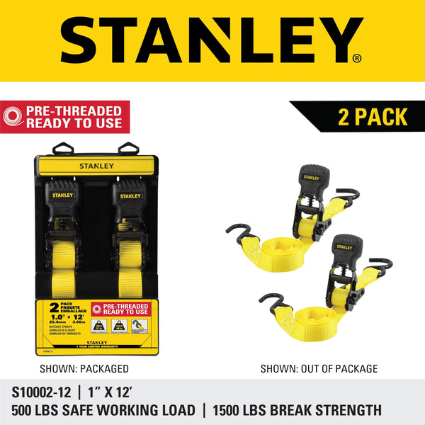 STANLEY S1007 Black/Yellow 1.5" x 16' Ratchet Tie Down Straps - 1,100 lb Safe Working Load / 3,300 lb Break Strength, 2 Pack