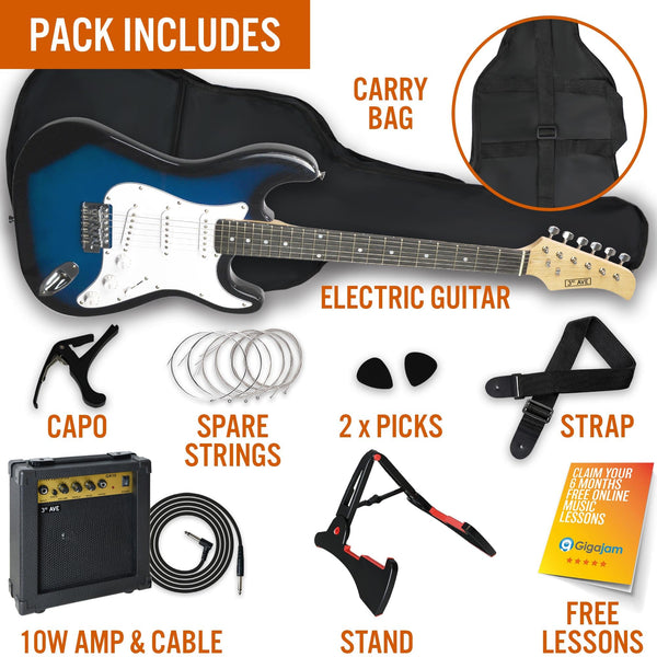 3rd Avenue XF Full Size 4/4 Electric Guitar Ultimate Kit with 10W Amp, Cable, Stand, Gig Bag, Strap, Spare Strings, Picks, Capo – Black