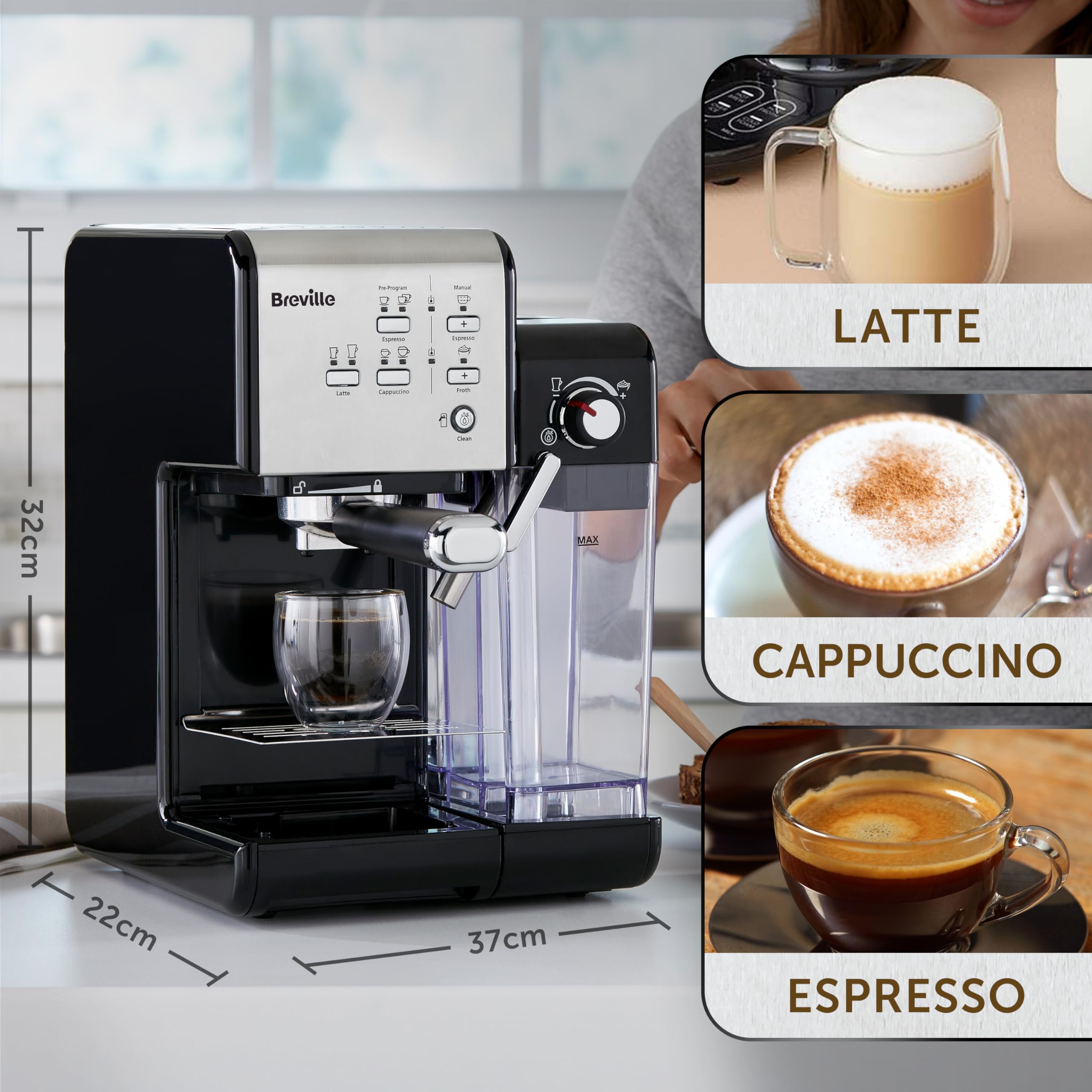 Breville One-Touch CoffeeHouse Coffee Machine | Espresso, Cappuccino & Latte Maker | 19 Bar Italian Pump | Automatic Milk Frother | ESE Pod Compatible | Black [VCF107]
