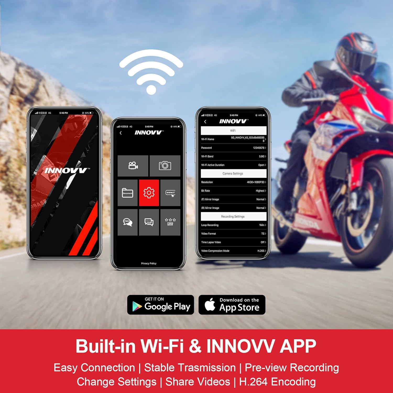 INNOVV K6 Motorcycle Dash Cam Dual Channel QHD 2K+1080P, IP67 Waterproof Mini Motocam with Wi-Fi, 120°Golden Angel, G-Sensor Detection, Support 256GB(SD Card not Included)