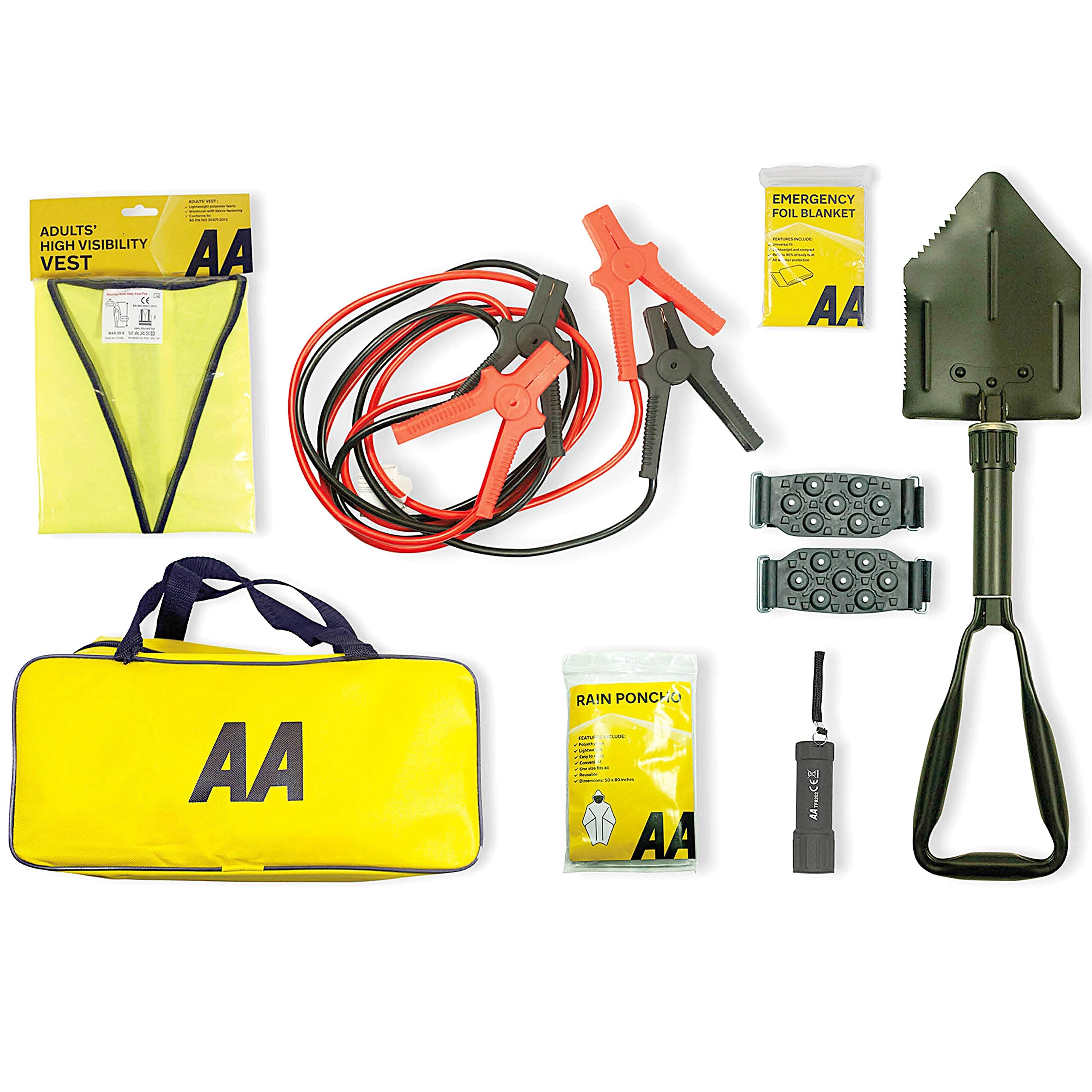 AA Vehicle Breakdown Safety Kit Plus AA5618 – Tyre Inflator, Warning Triangle, Tow Rope, Hi-Vis Vest, Torch, Glass Hammer, Booster Cables, Storage Bag