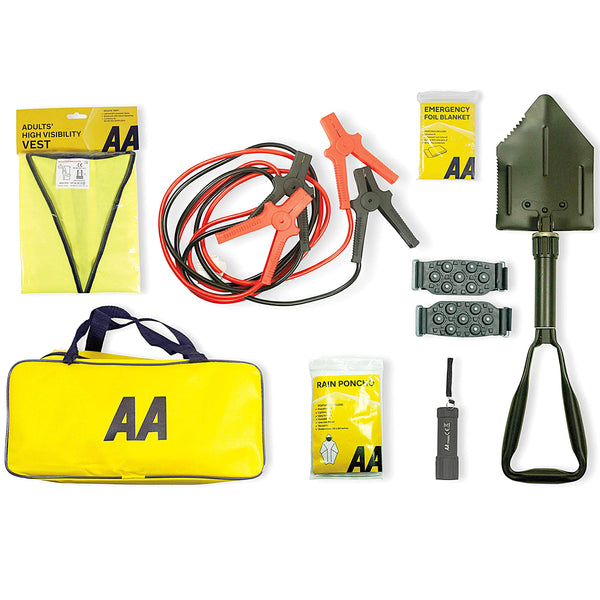 AA Vehicle Breakdown Safety Kit Plus AA5618 – Tyre Inflator, Warning Triangle, Tow Rope, Hi-Vis Vest, Torch, Glass Hammer, Booster Cables, Storage Bag
