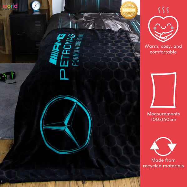 Mercedes AMG Petronas Official Fleece Blanket | Super Soft Warm Black Throw, Stealth Formula One Design | Perfect For The Bedroom, Camping & Sleepovers 100 x 150cm