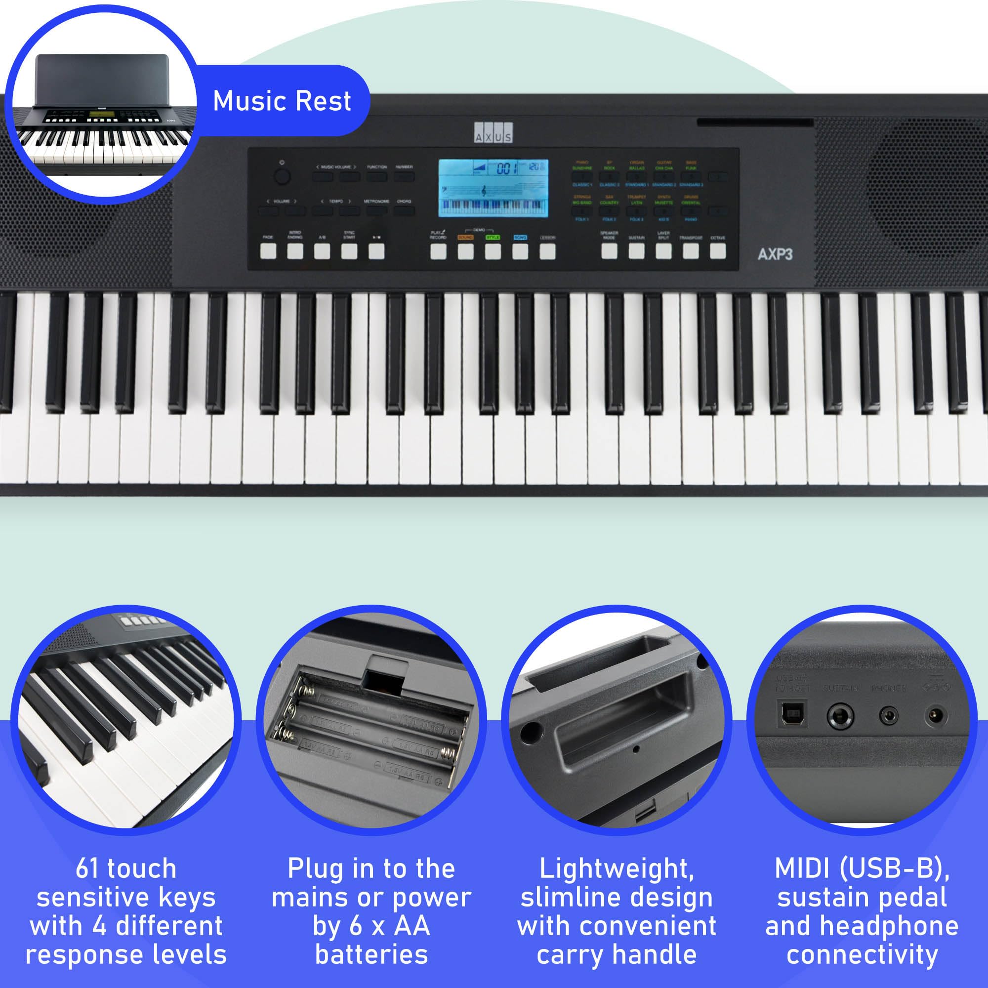 Axus AXD55 88 Key Digital Piano Keyboard with Touch Sensitive Keys, Sustain Pedal and High-Level Features and Functions.