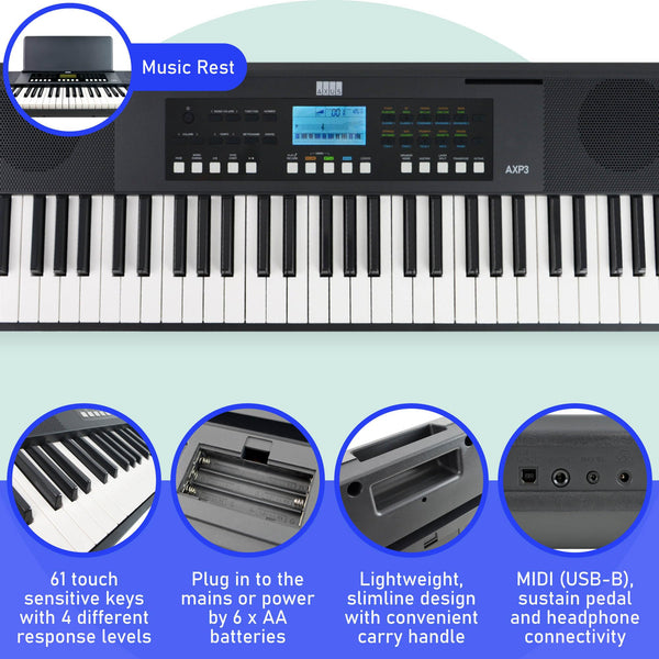 Axus AXD55 88 Key Digital Piano Keyboard with Touch Sensitive Keys, Sustain Pedal and High-Level Features and Functions.