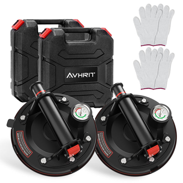 Avhrit 8-Inch Tile Suction Cups Lifter with Pressure Gauge, 485 lbs/220 kg Load Capacity, Heavy Duty Glass Vacuum Suction Cup for Replacing Auto Windshields, Tiles, Granite, and Floors (Two Cups)