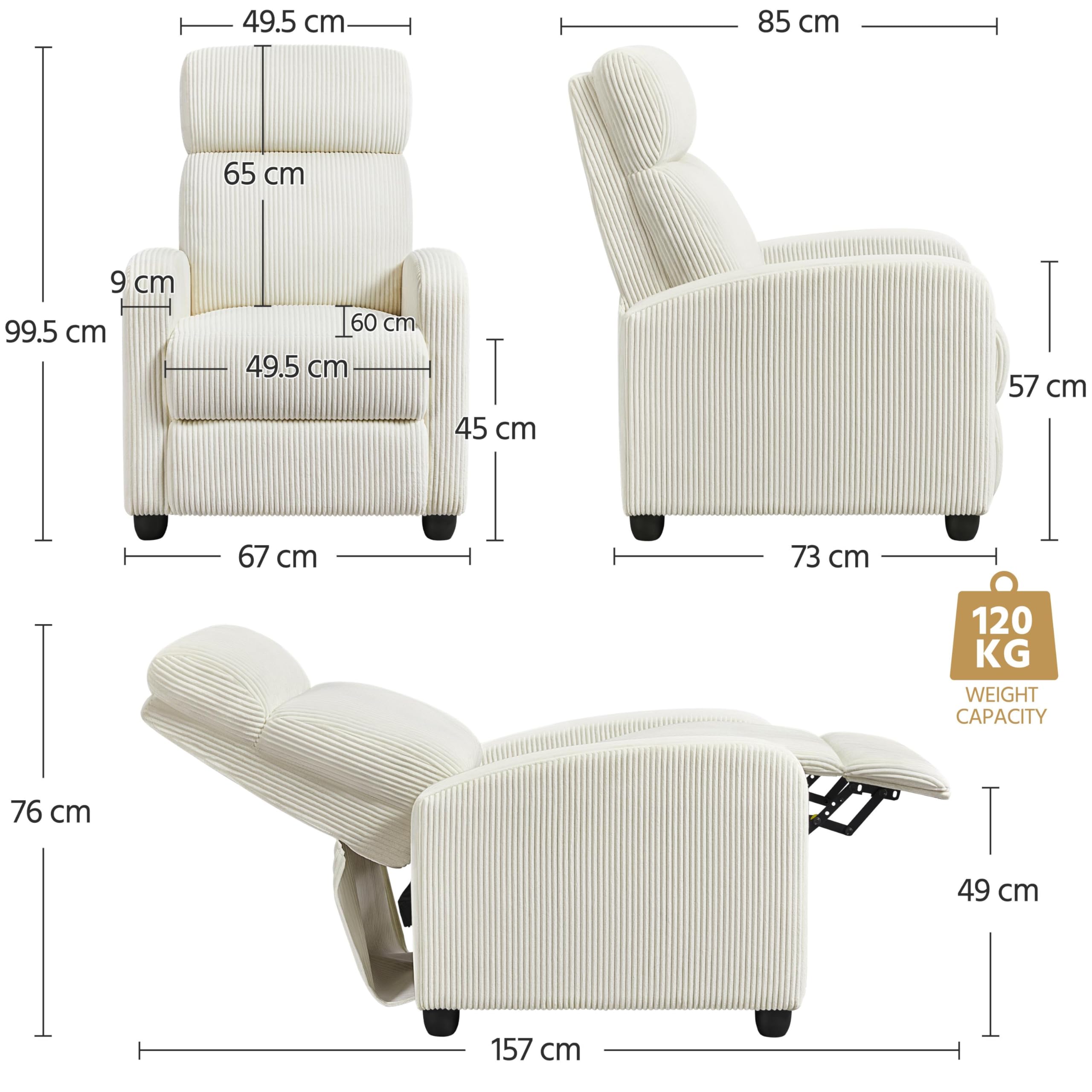 Yaheetech Recliner Armchair Single Padded Seat Boucle Fabric Sofa Lounge Home Living Room Theater Adjustable Leg Rest and Reclining Functions Ivory