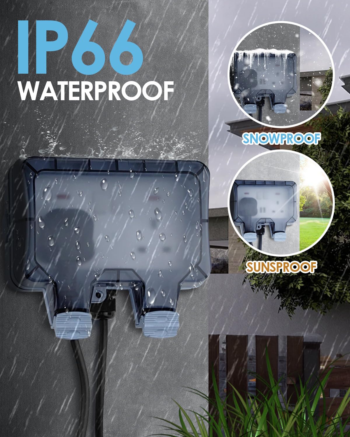 Zenmos Double Outdoor Socket 3M Extension Lead, Outdoor Plug Sockets Waterproof IP66, 13Amp 2 Gang Outside Plug Socket Waterproof, Switch Indicator Light Garden Wall Electrical Outlet Cover Box