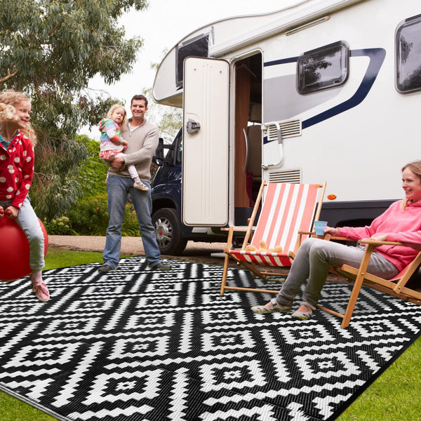 Cekene Large Outdoor Rug Waterproof Black 245x305cm Patio Rugs Reversible RV Camping Mat Lightweight Plastic Portable Outdoor Carpet for Picnic Porch Deck Backyard BBQ Beach